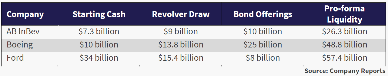 table shows a few examples of the cash raising activities of major corporations.