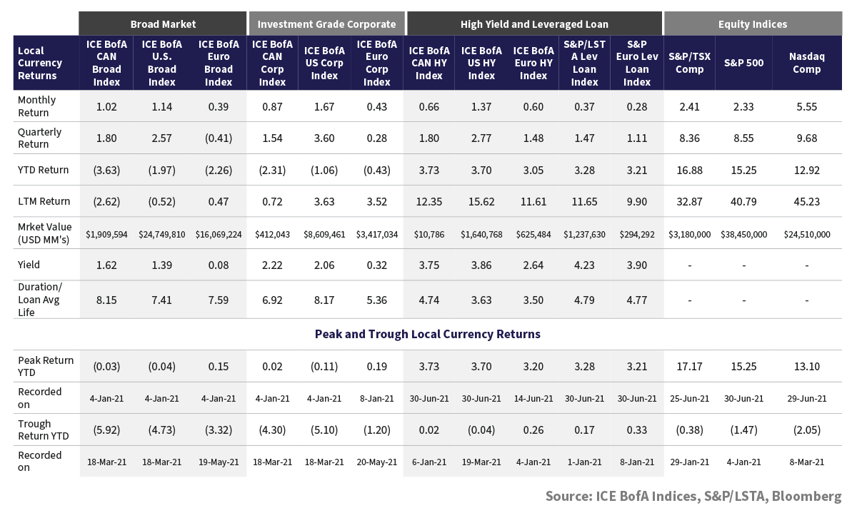 Chart showing the local currency returns of multiple indices 